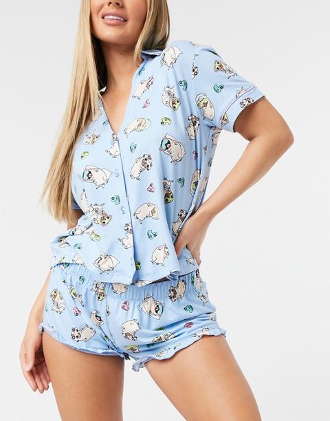 Conjunto De Pijama Corto Con Estampado De Carlinos De Spa De Chelsea Peers-azul