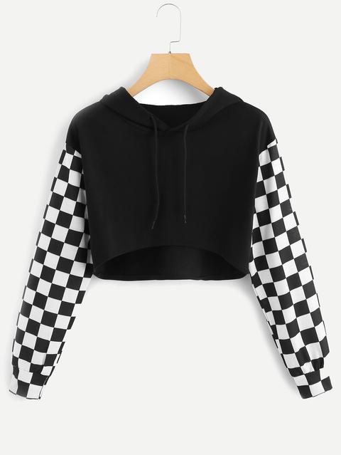 Contrast Gingham Sleeve Hoodie