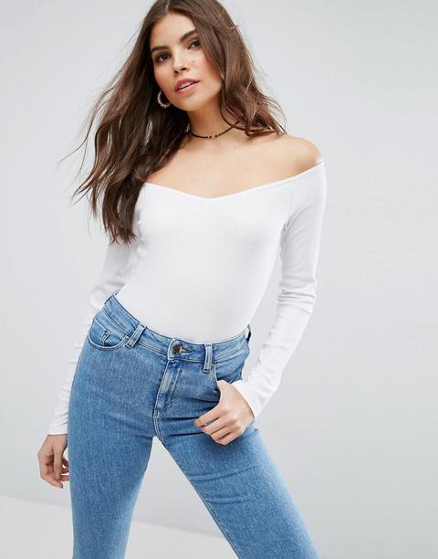 Asos - Top Stile Bardot A Coste Con Scollo A V - Bianco