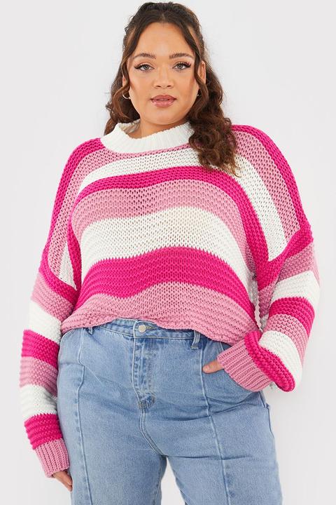 Pink Sleeves - Plus Size Olivia Bowen Pink Stripe Knit Cropped Jumper With Balloon Sleeve