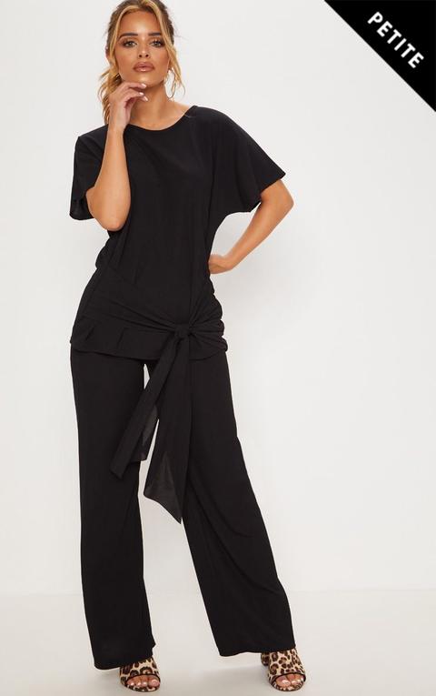 Petite Black Ribbed Wide Leg Trouser