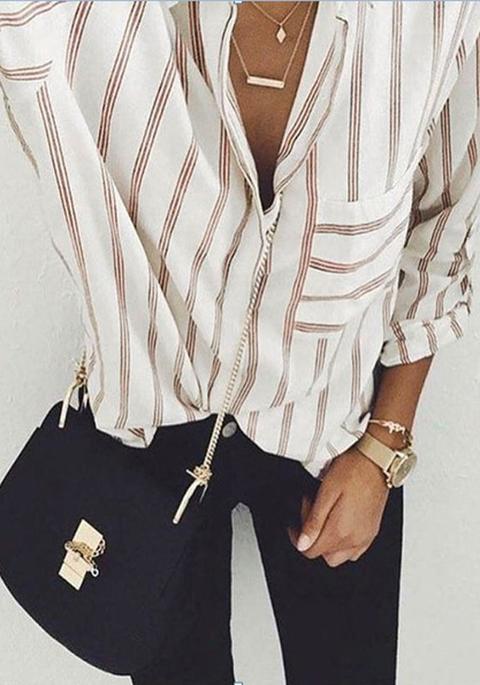 White Striped Pockets Single Breasted Peter Pan Collar Oversized Casual Blouse