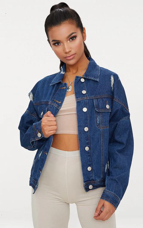 Dark Wash Distressed Drop Shoulder Denim Jacket, Dark Blue Wash