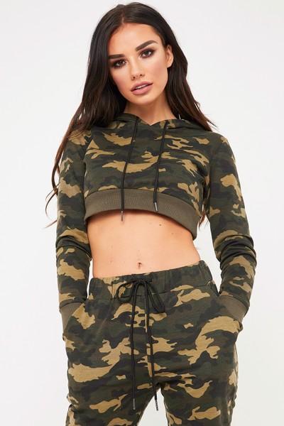 Carmen Khaki Camo Crop Hooded Top