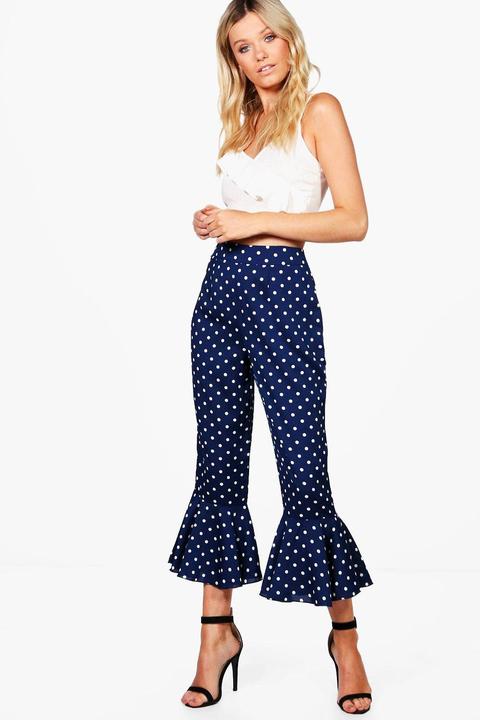 Josie Polka Dot Ruffle Hem Woven Trousers