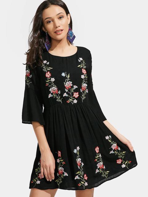 Lined Floral Embroidered A Line Dress