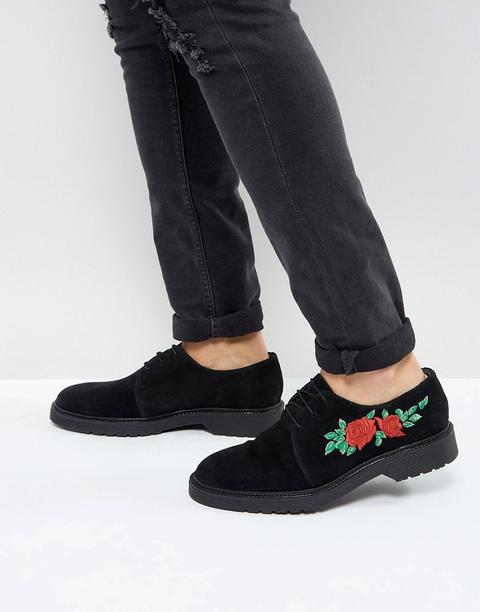 Zapatos Derby De Ante Negro Con Cordones Y Bordado De Rosa De Asos