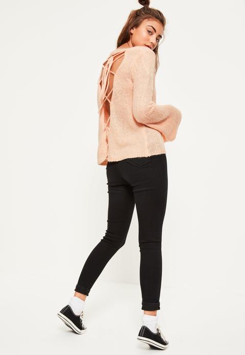 Pink Soft Knit Lace Up Back Jumper