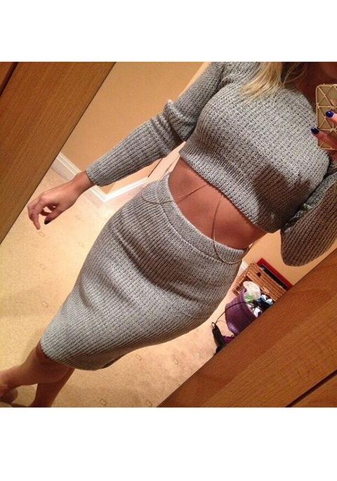 Grey Plain 2-in-1 Crop Round Neck Long Sleeve Midi Dress