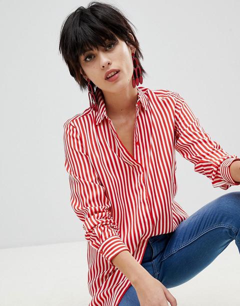 Pieces - Camicia Oversize A Righe - Rosso