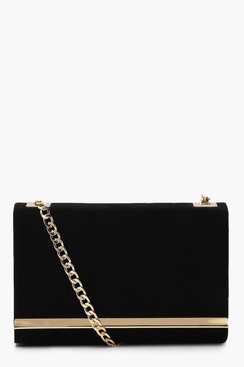 Womens Structured Suedette Clutch Bag And Chain - Black