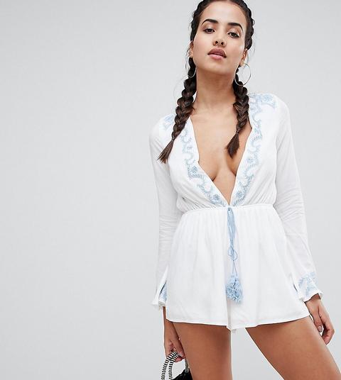 Esclusiva Missguided - Tuta Corta Da Mare Ricamata - Bianco