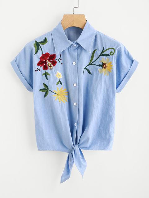 Tie Front Flower Embroidered Denim Shirt