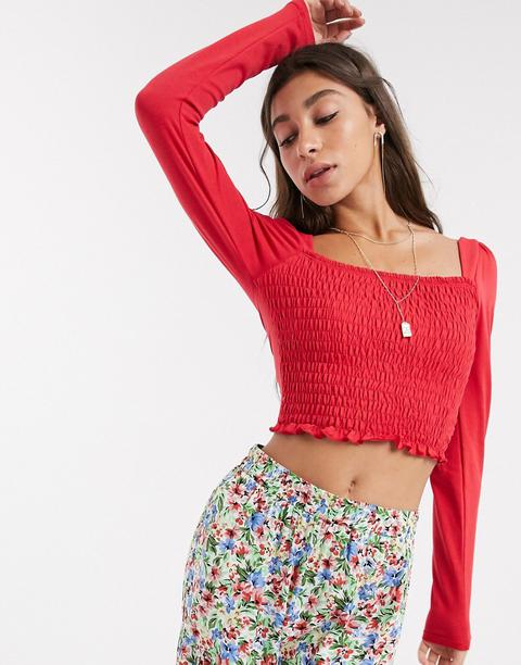 Topshop Long Sleeve Shirred Crop Top In Red