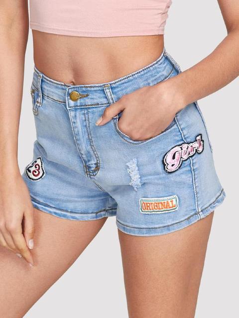 Shorts In Denim Con Ricamo A Lettera