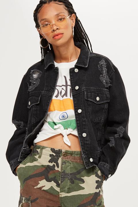 Womens Washed Black Oversized Ripped Denim Jacket - Washed Black, Washed Black