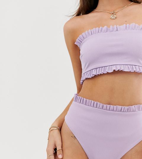 Prettylittlething - Slip Bikini Con Bordo A Volant Lilla - Viola