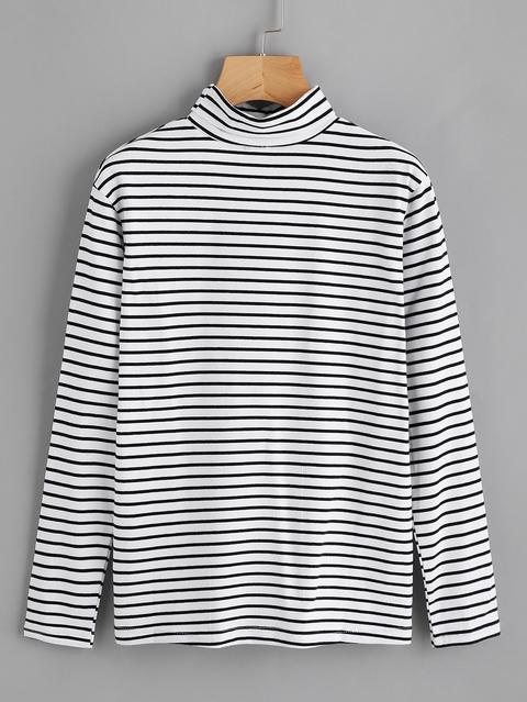 High Neck Striped T-shirt