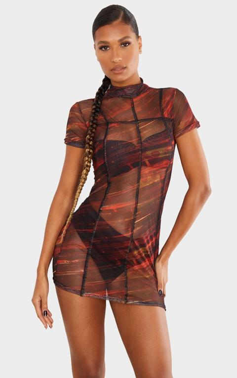 Red Abstract Print Mesh High Neck Stitch Detail Bodycon Dress