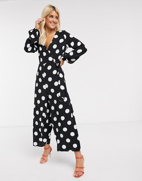 Asos Design Wrap Tie Jumpsuit In Mono Spot Print-multi