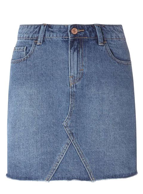 Mid Wash Raw Hem Denim Skirt