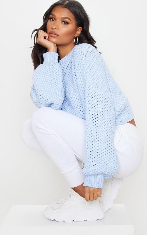 Baby Blue Honeycomb Knit Balloon Sleeve Crop Jumper