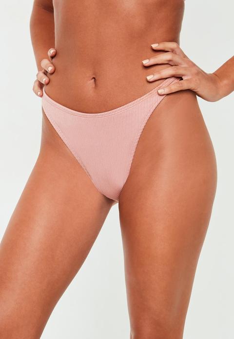 Pink Ribbed High Waist Bikini Breifs, Blush