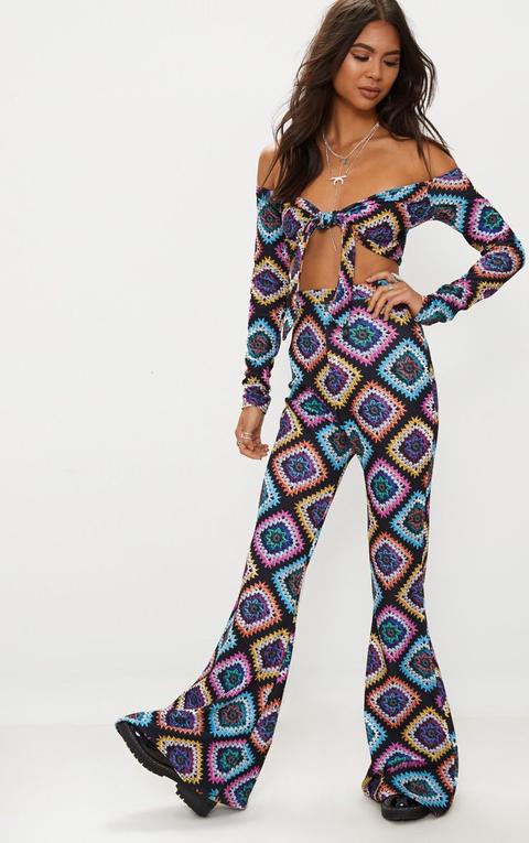 Black Printed Crochet Flared Trousers