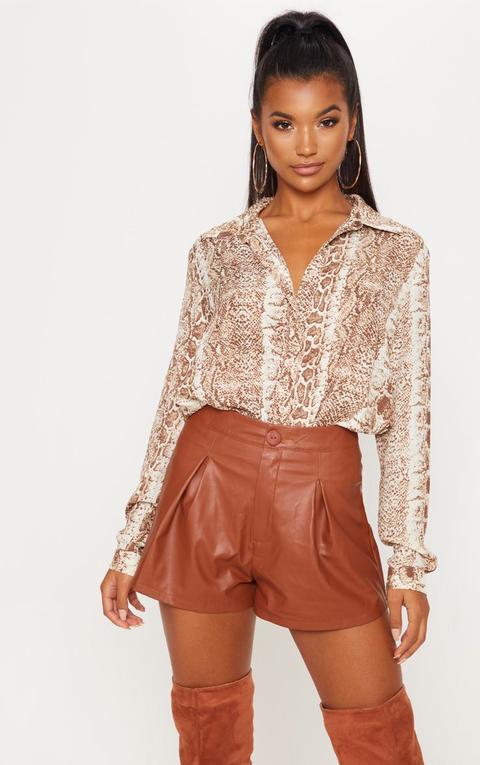 Tan Faux Leather Pleat Front Short