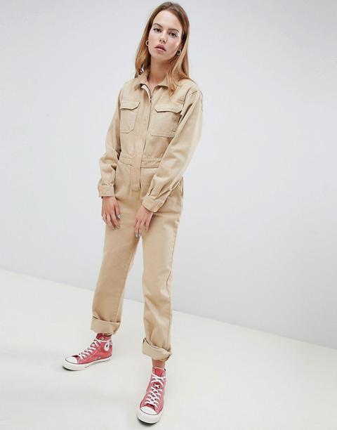 Asos Design Denim Boilersuit In Stone - Stone