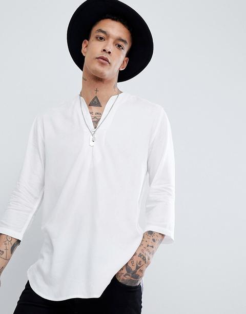 Asos Design Regular Fit Longline Viscose Shirt In White With V Neck