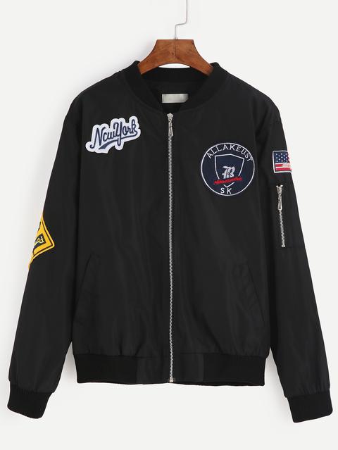 Jacket Bomber Bordado Parches Cremallera Negro