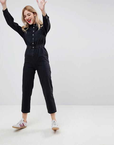Asos - Tuta Lunga Di Jeans Multitasche Nero Slavato - Nero