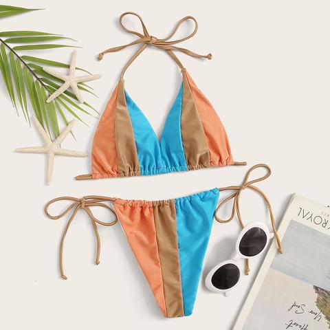 Colour-block Halter Top With Tie Side Bikini Set