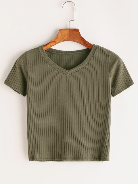 V Neck Ribbed Knitted T-shirt