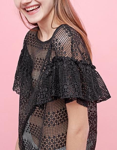 Maglietta Crochet Volant Nero
