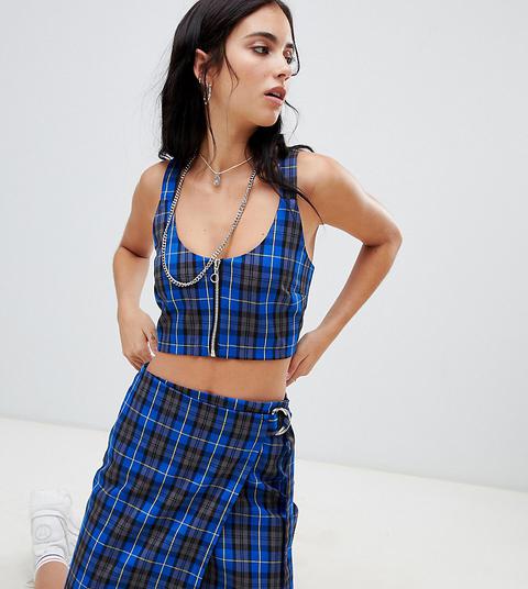 Milk It Vintage Zip Through Crop Top In Check Co-ord-blue