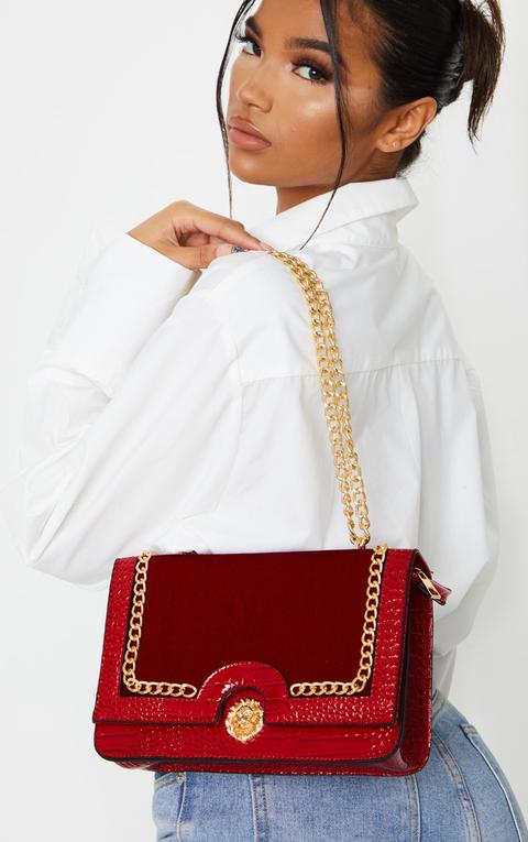 Scarlet Patent And Velvet Contrast Lion Head Cross Body Bag