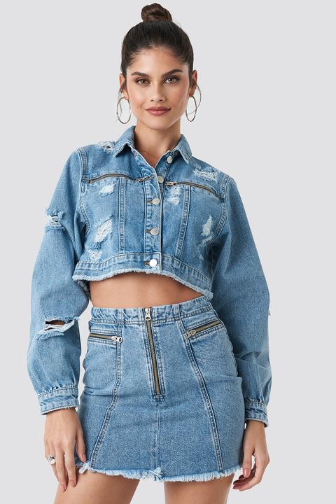 Zip Pocket Denim Jacket Blau