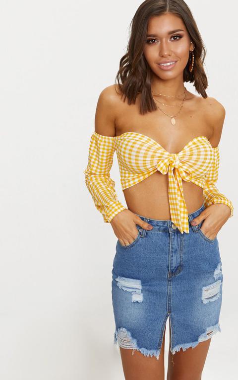 Lemon Gingham Bardot Tie Front Puff Sleeve Crop Top