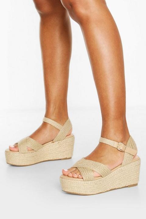 Sandales Compensées À Brides Croisées En Raphia - Naturel - 36, Naturel