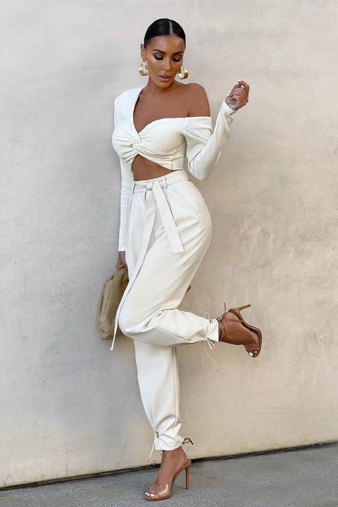 Cream Faux Leather Oversized Adjustable Hem Belted Pant