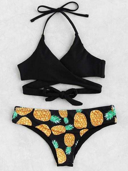 Set De Bikini Con Estampado De Piña Con Nudo Delantero Con Tiras Cruzadas De Talla Grande