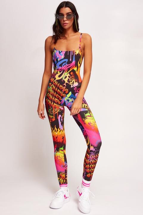 Graffiti Print Square Neck Catsuit