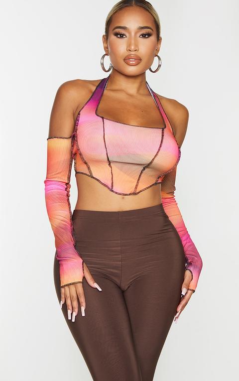 Shape Pink Wave Print Seam Detail Bardot Crop Top