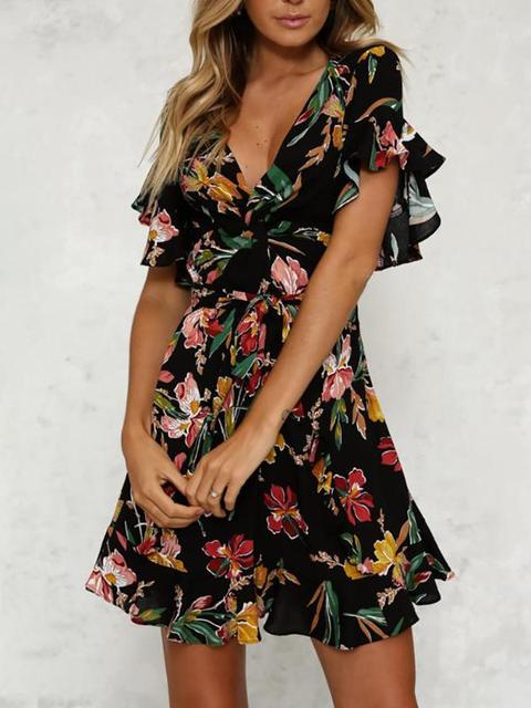 Deep V Ruffles Floral Print Mini Dress