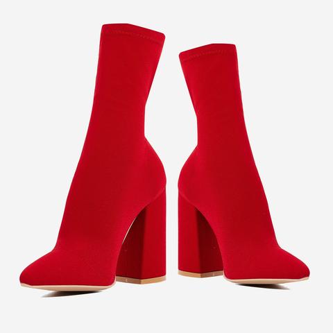 red block heel ankle boots