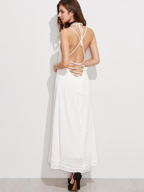 Bianco Halter Lace Up Dress Indietro Lungo