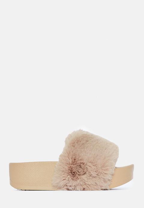 Brown Faux Fur Flatform Sliders, Brown