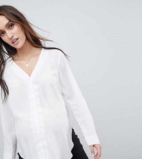 Asos Design Maternity - Langärmlige Bluse Mit V-ausschnitt - Weiß